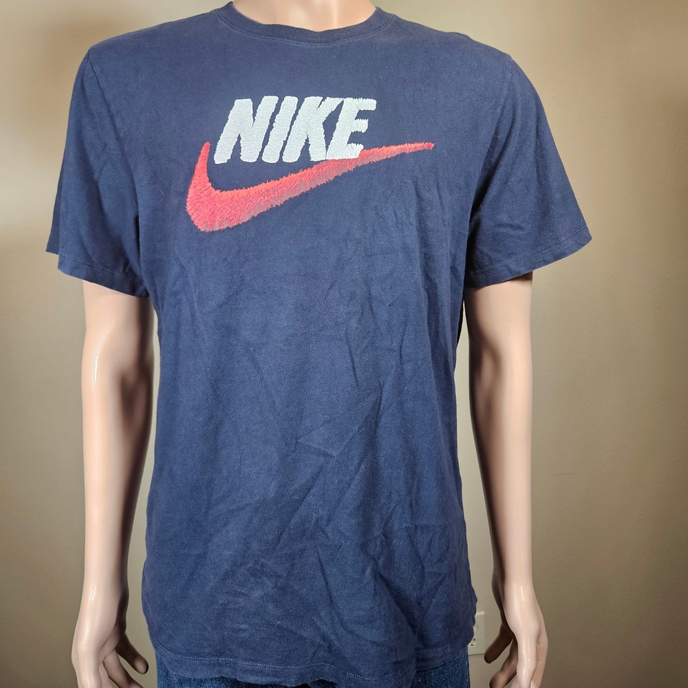 Nike Mens Navy Blue Short Sleeve Chenille Logo Graphic T-Shirt XL